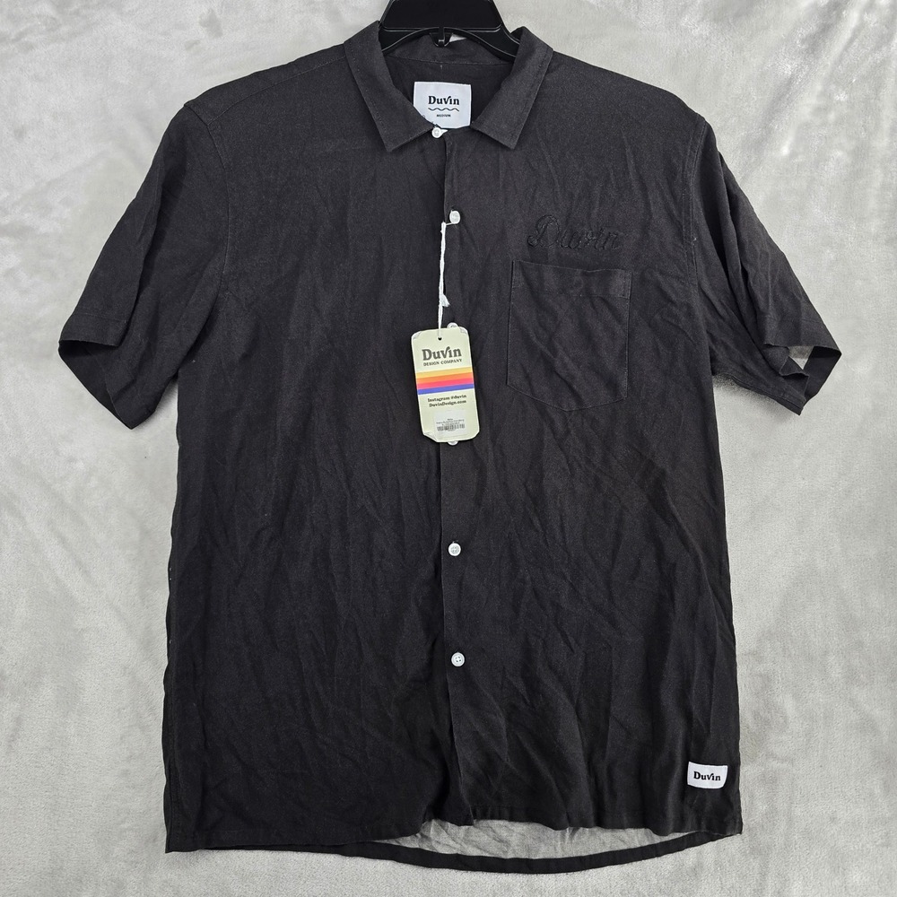 Duvin Button Up‎ Shirt Black 100% Rayon Mens Medium Short Sleeve Beach